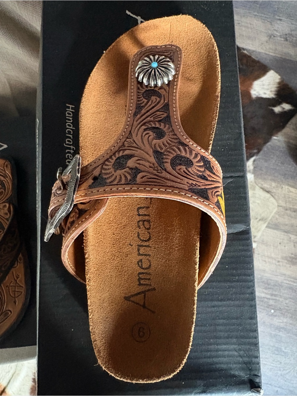 American Rag Brown Tooled Leather Slide Sandal with Concho